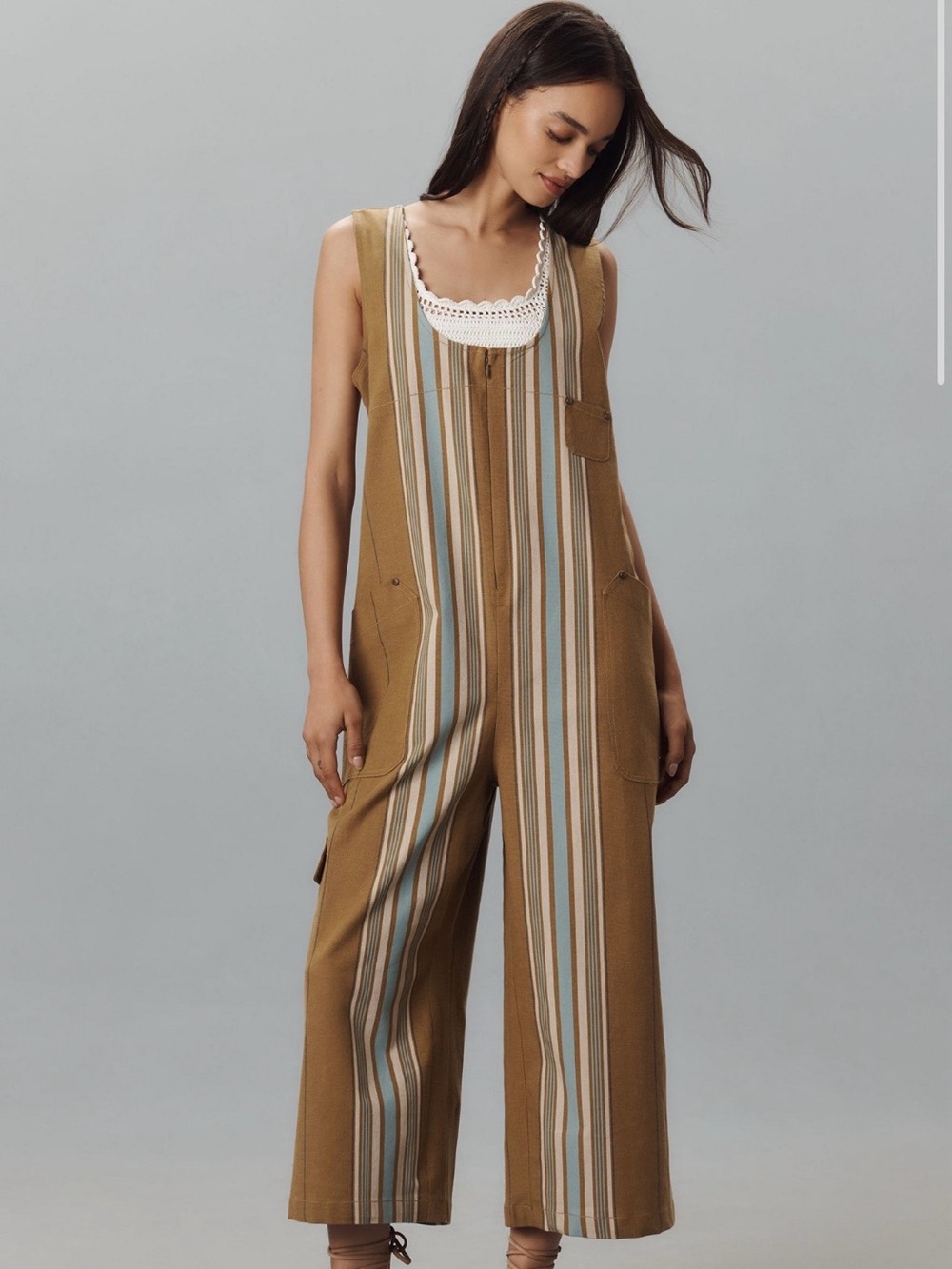 Pilcro Front-Zip Utility Overalls Striped Scoop Neck Wide Leg Jumpsuit